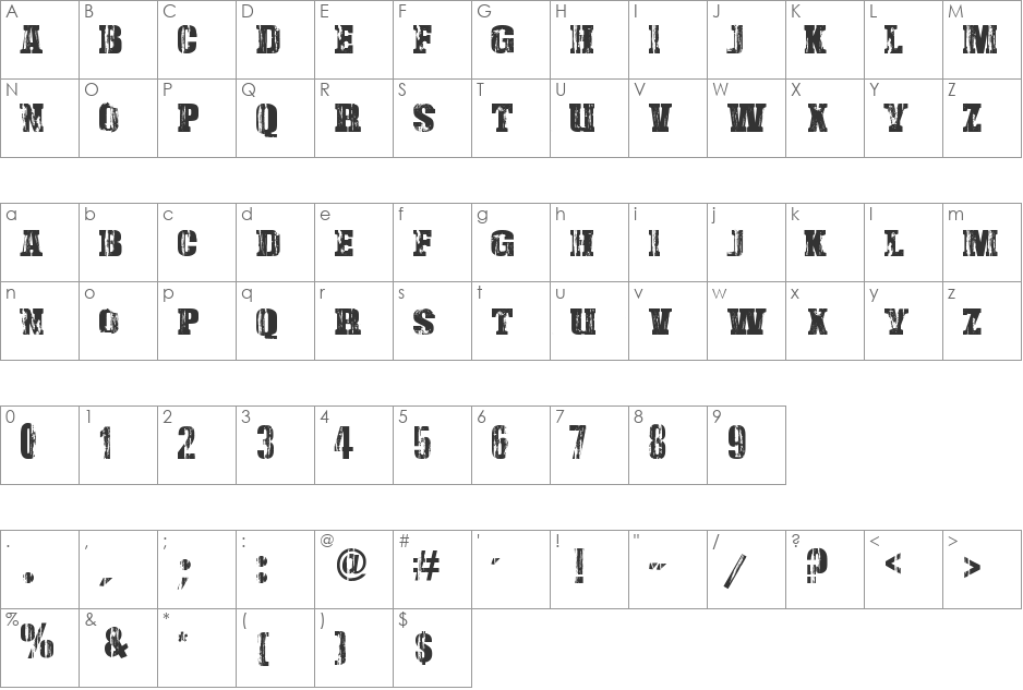 Damaged Serif font character map preview