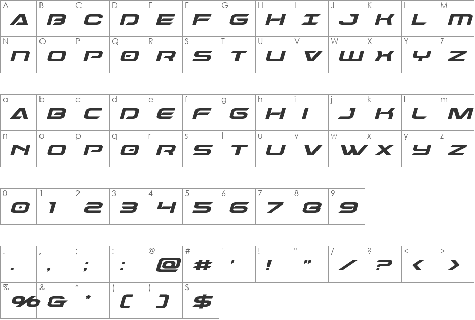 Dameron Expanded Italic font character map preview