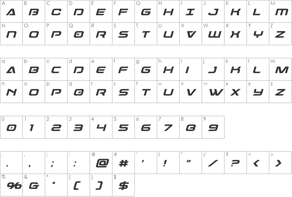 Dameron Italic font character map preview