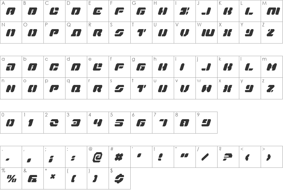 Dan Stargate Condensed Italic font character map preview