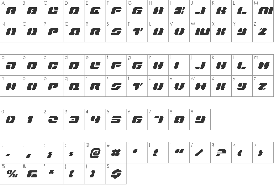 Dan Stargate Expanded Italic font character map preview