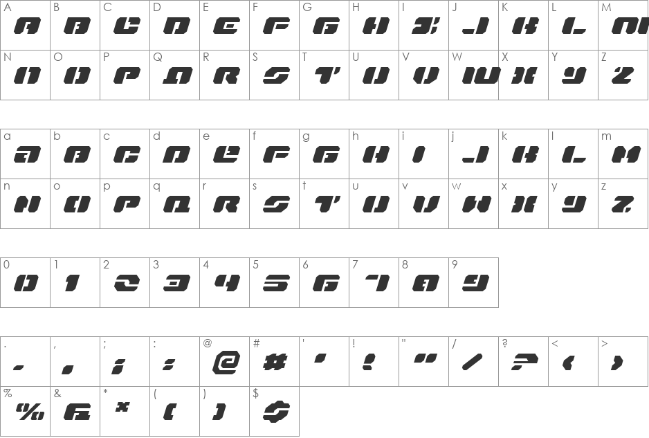Dan Stargate Extra-expanded Italic font character map preview