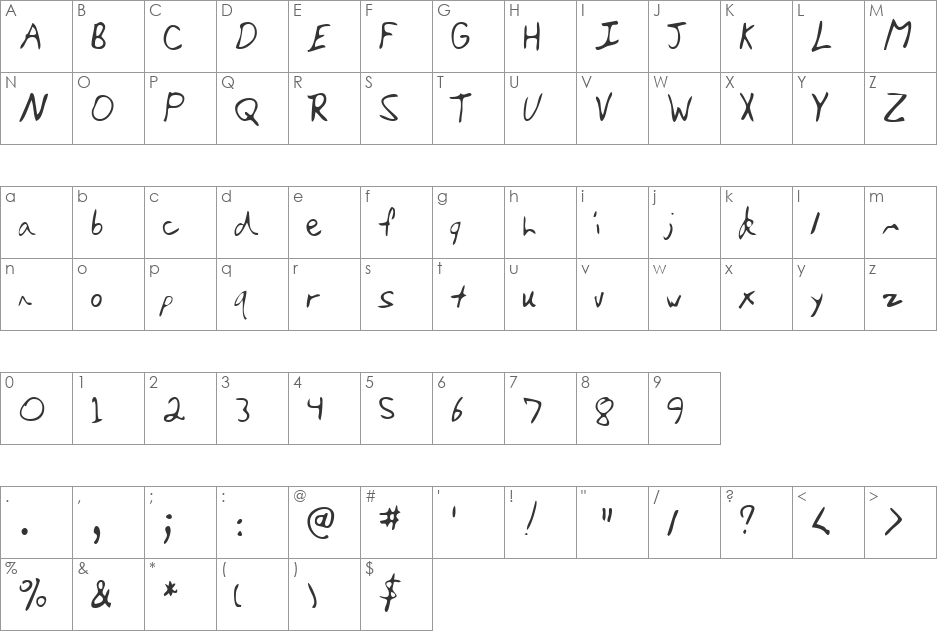 DarinsHand font character map preview