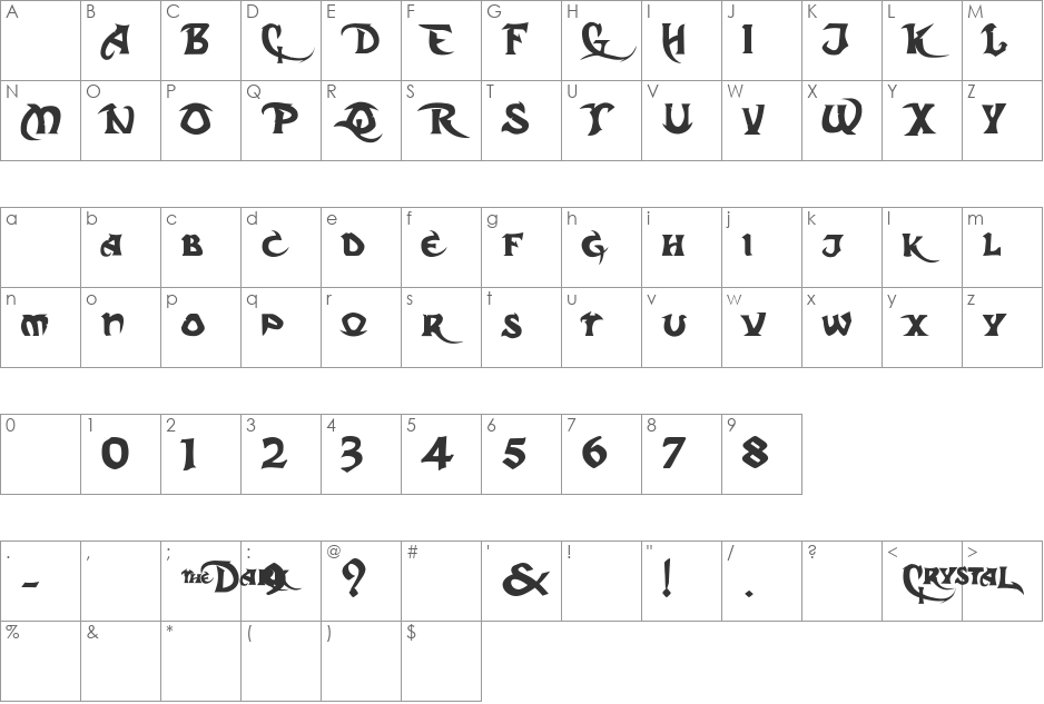 Dark Crystal Script font character map preview