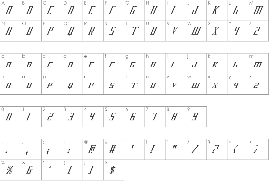 DarkWind Condensed Italic font character map preview