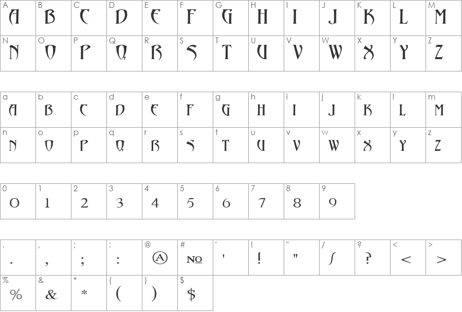 Abaddon Cyr font character map preview