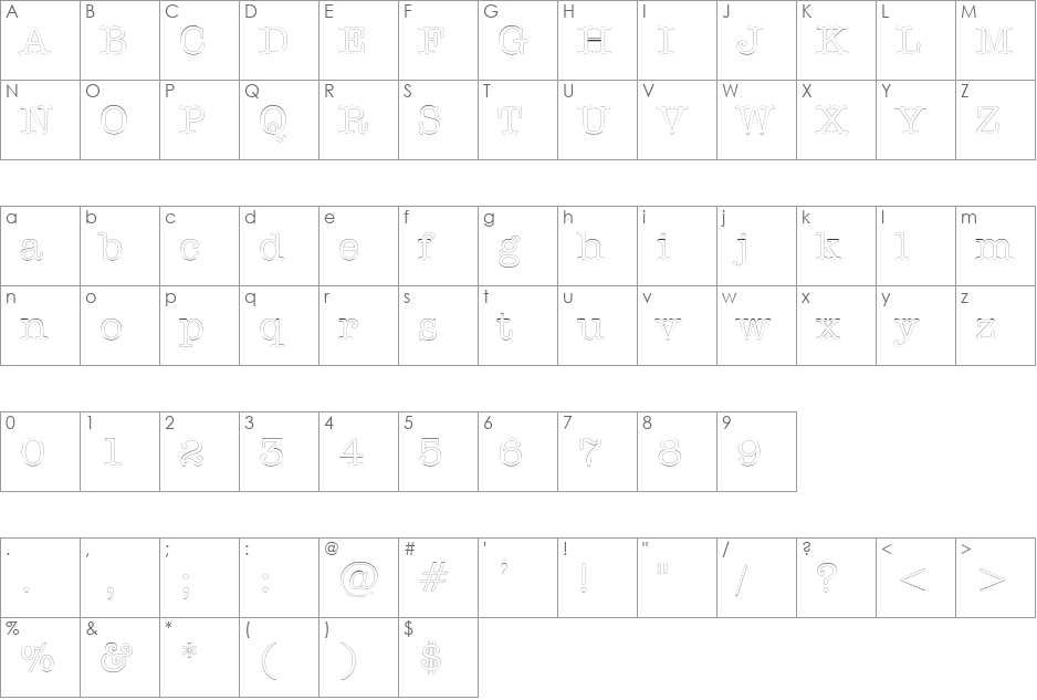 DatelineOutline font character map preview