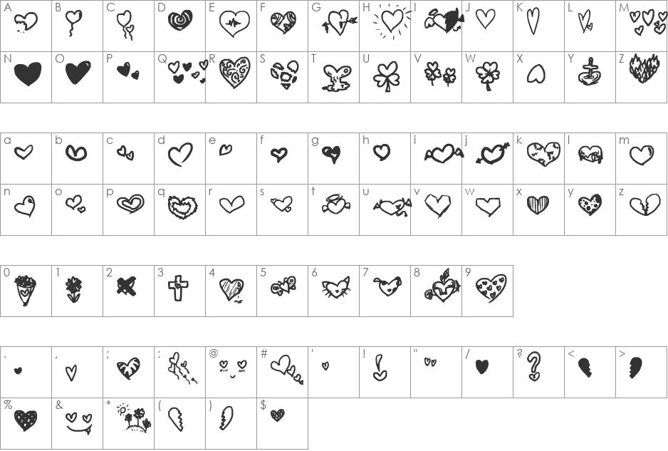 All Hearts font character map preview