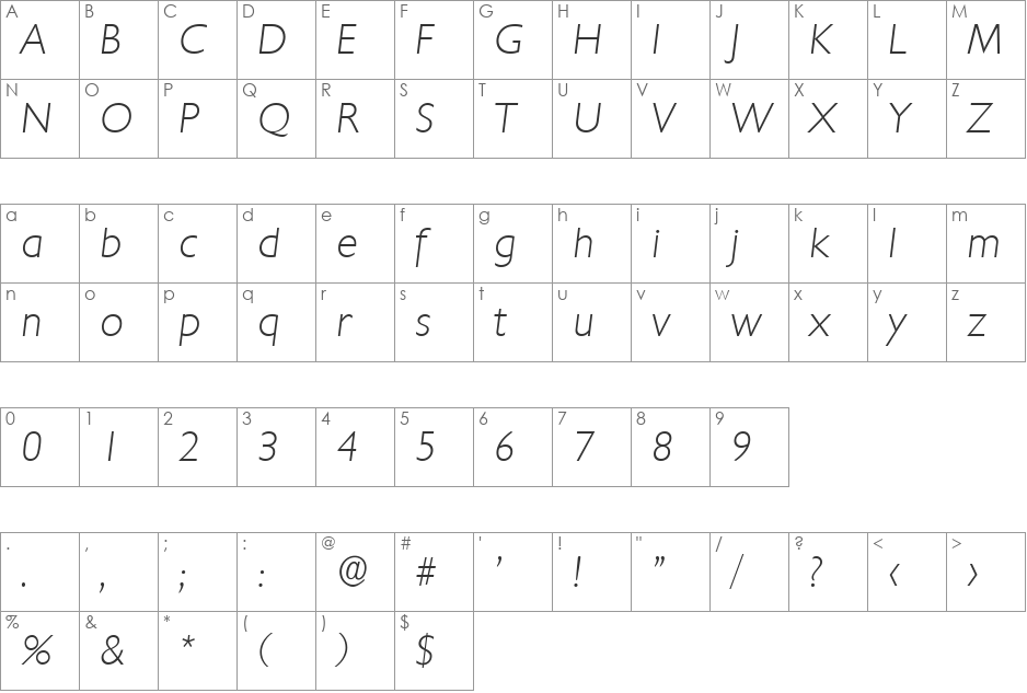 DavidBecker-ExtraLight font character map preview