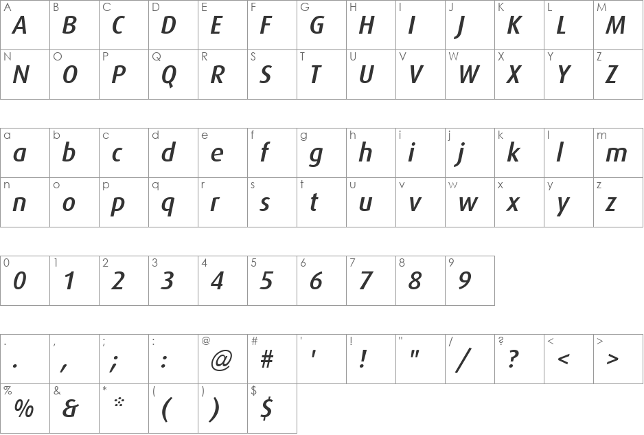 Dax-MediumItalic font character map preview