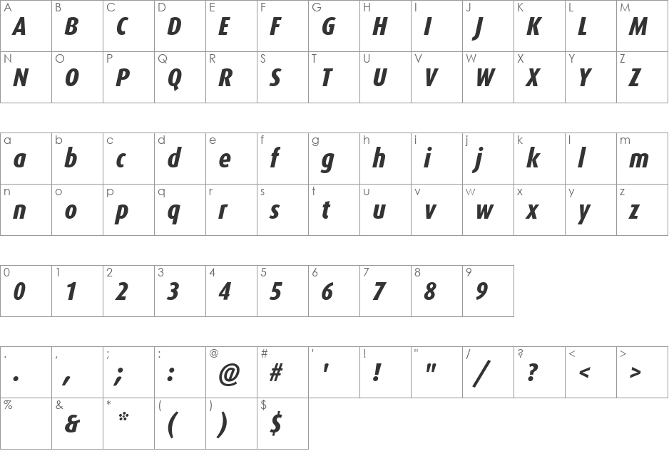 DaxCondensed-ExBoldItalic font character map preview