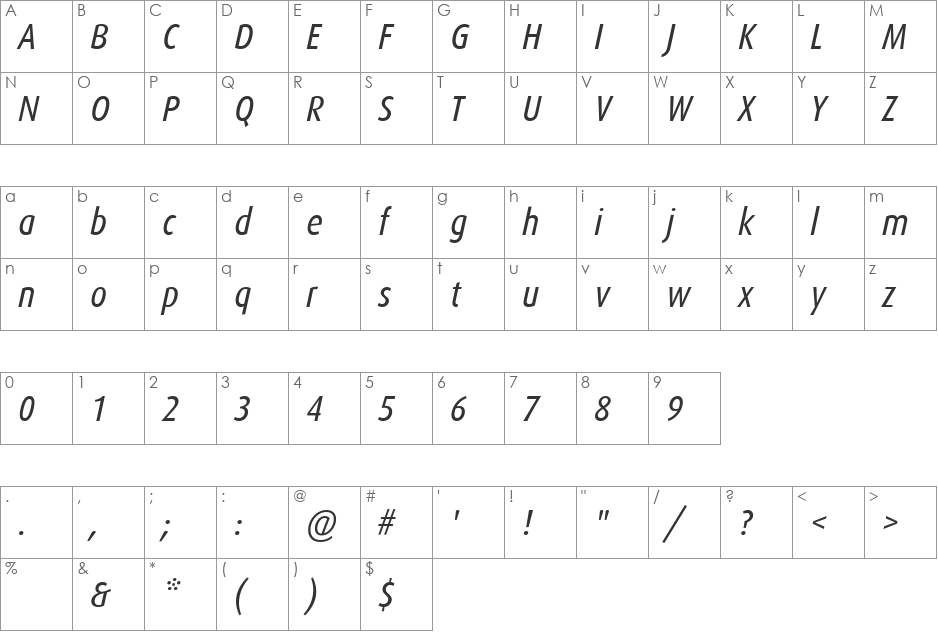 DaxCondensed-RegularItalic font character map preview