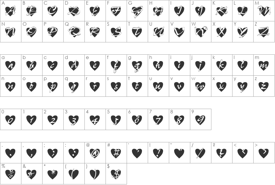 All-Hearts font character map preview