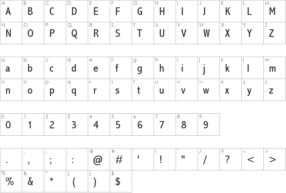 Abadi MT Condensed font character map preview