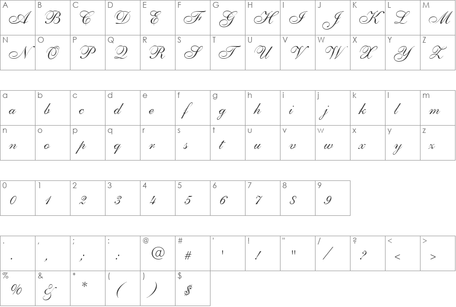 Allegretto Script One font character map preview
