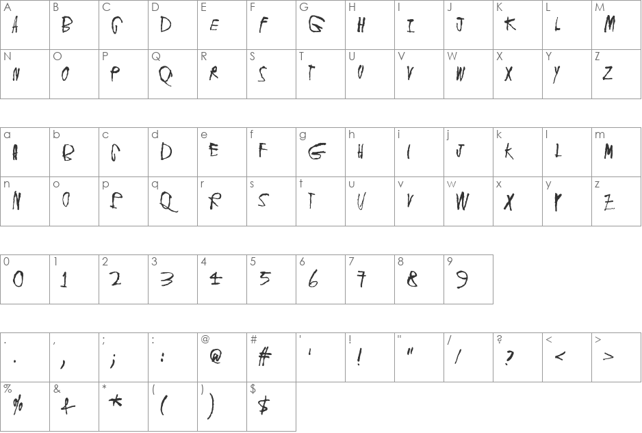 Deafening Silence font character map preview
