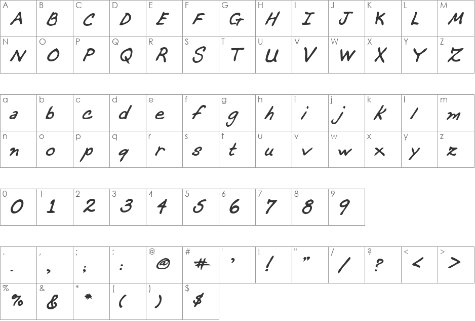 DeannasHand font character map preview