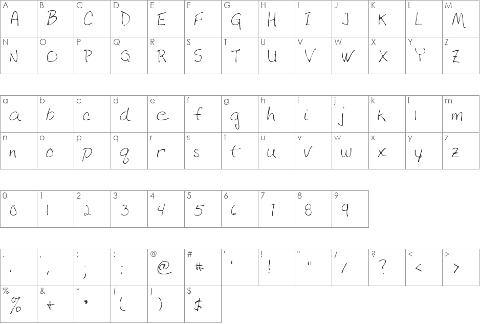 DebbiesHand font character map preview