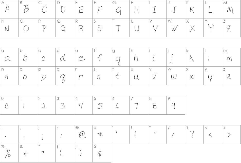 DebbiesHand font character map preview