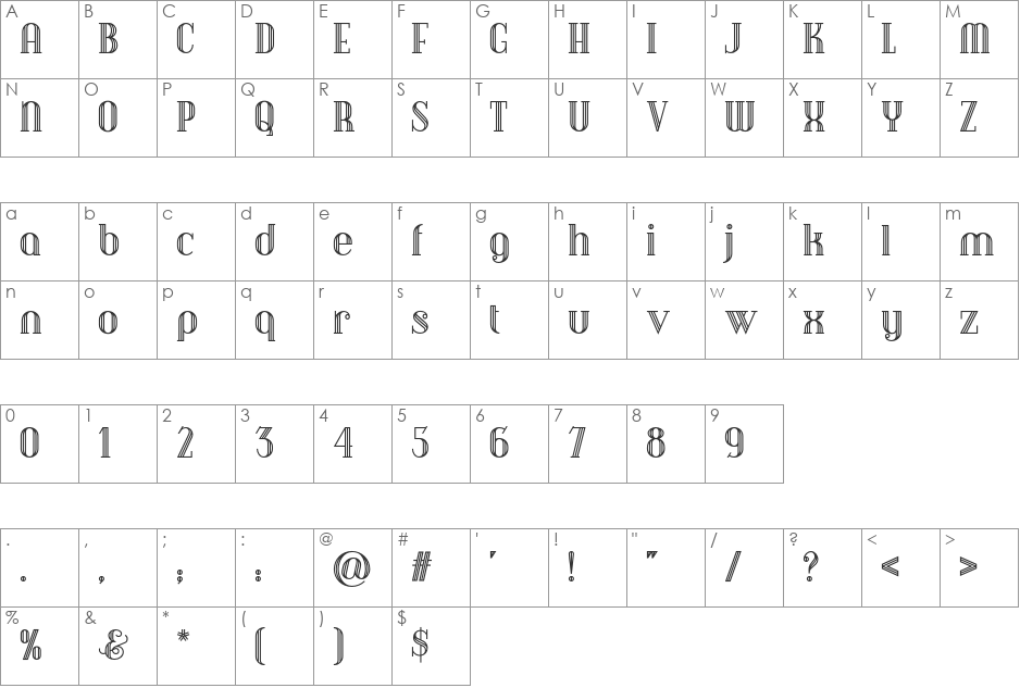 Debonair Inline NF font character map preview