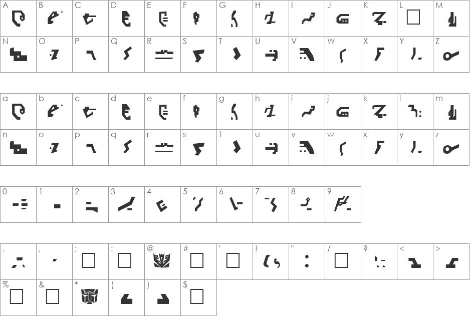 Decepticon Regular font character map preview