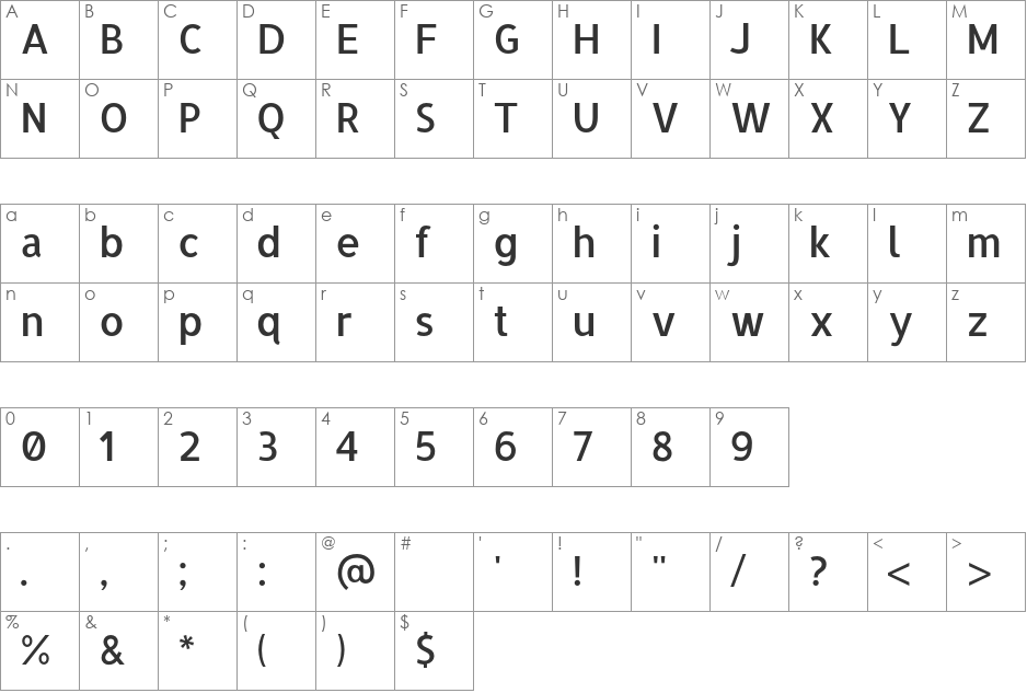 Allerta font character map preview