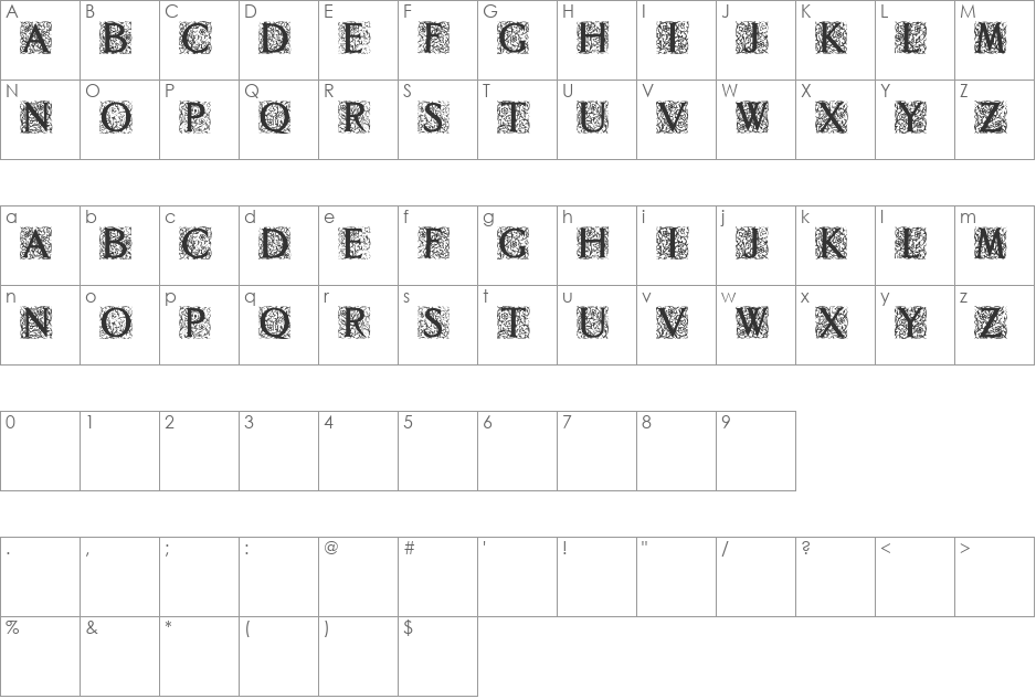 Decorated Roman Initials font character map preview