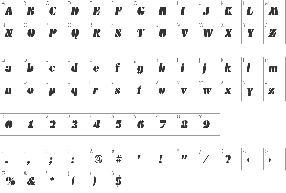 Dekoblack-Italic font character map preview