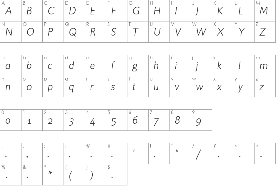 DelargoDTInformal font character map preview