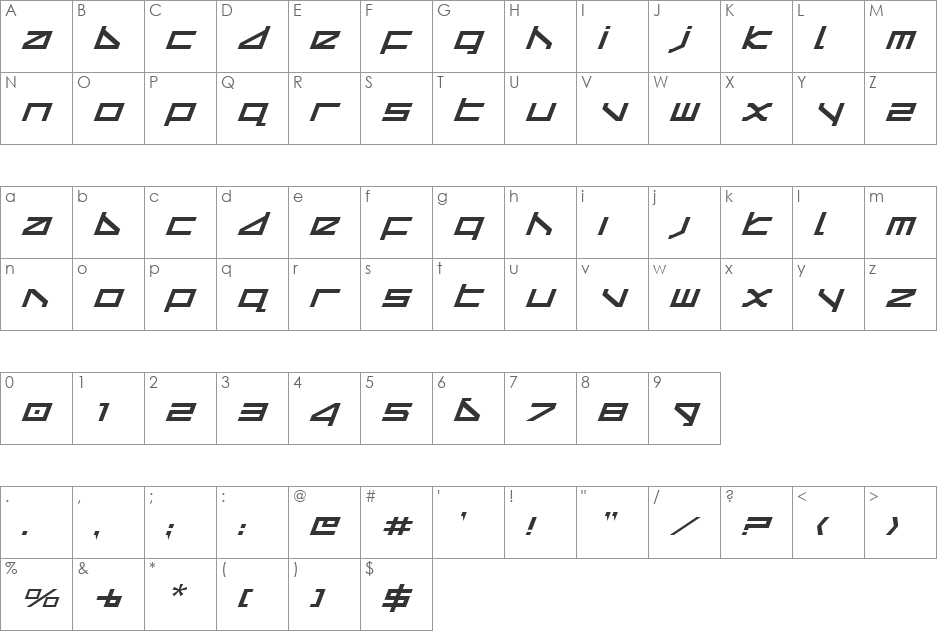 Delta Ray Expanded Italic font character map preview