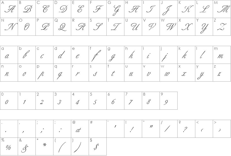 Allure Script font character map preview