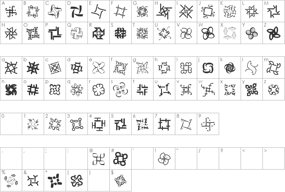 DementiaA font character map preview