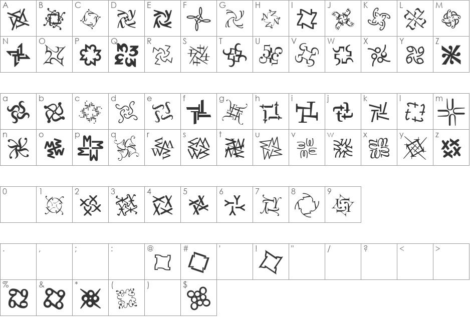 DementiaB font character map preview