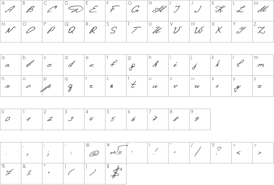 Denistina font character map preview