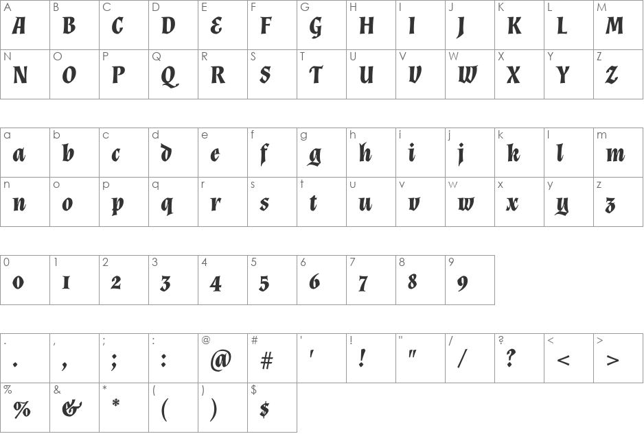 Almendra font character map preview