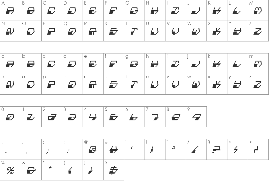 Deranian Condensed Italic font character map preview