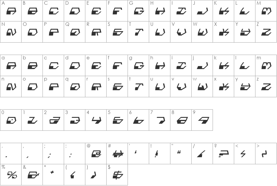 Deranian Italic font character map preview
