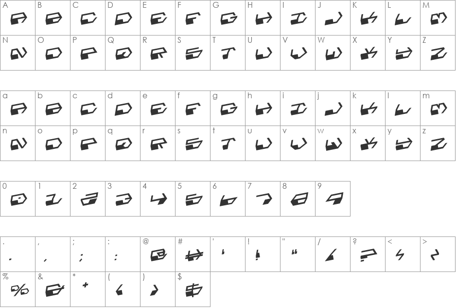 Deranian Rotalic font character map preview
