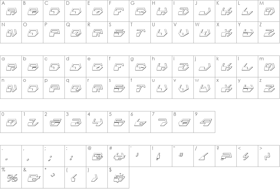 Deranian Shadow Italic font character map preview