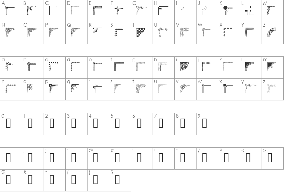 Designer Corners font character map preview