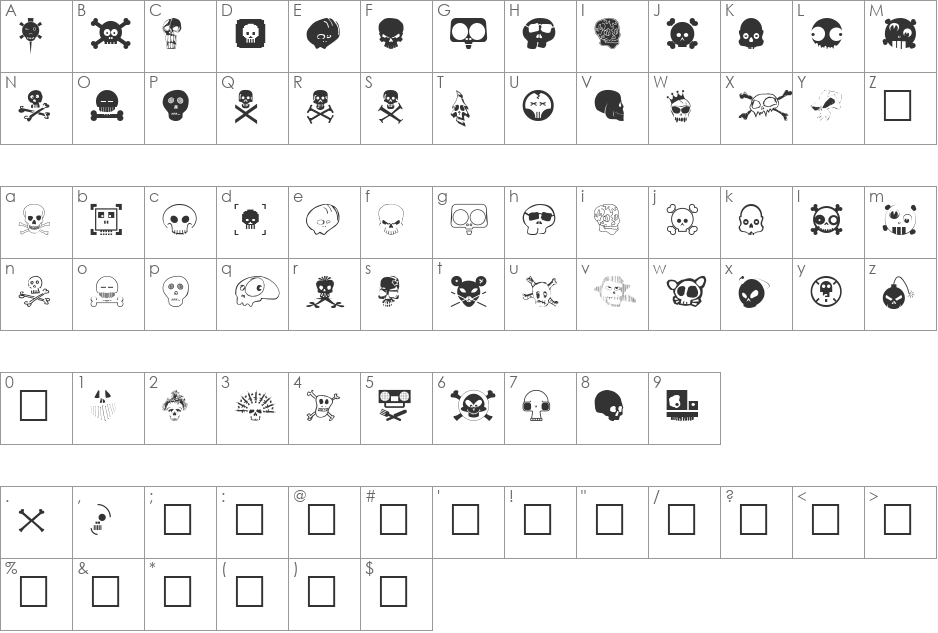DesignersSkulls font character map preview