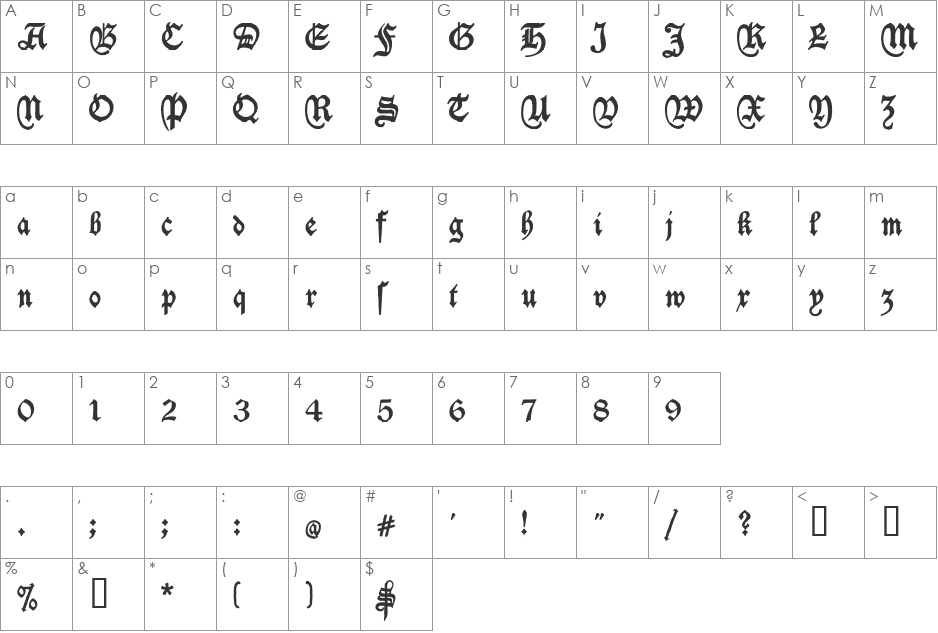 Deutschische font character map preview