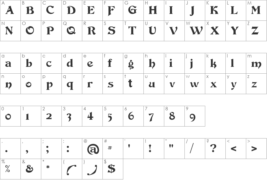 Devinne Swash font character map preview