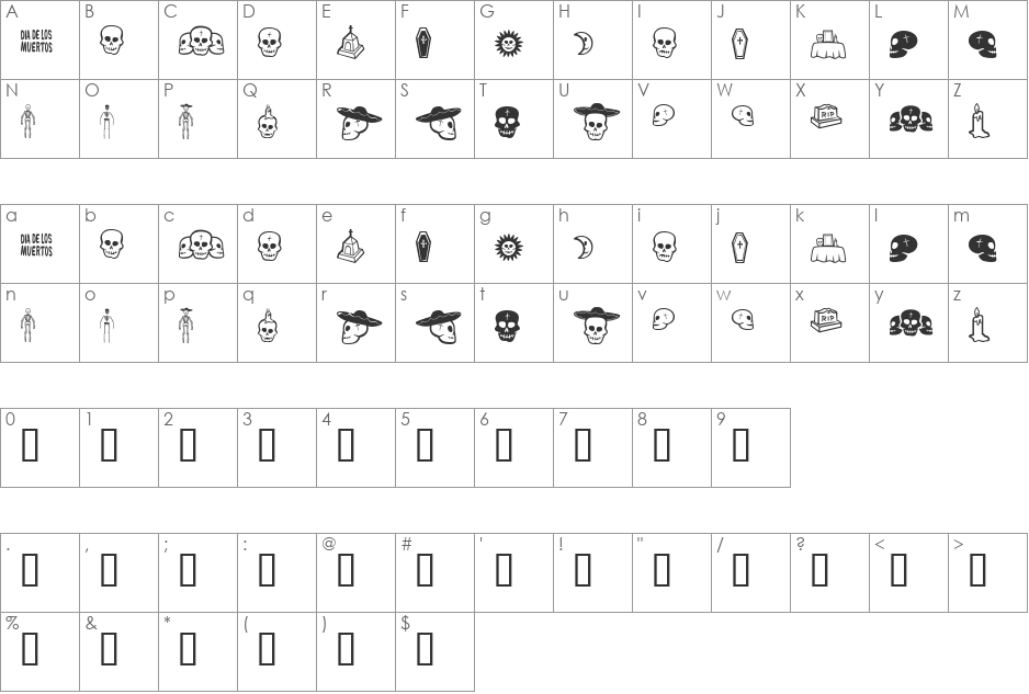Dia De Los Muertos BV font character map preview