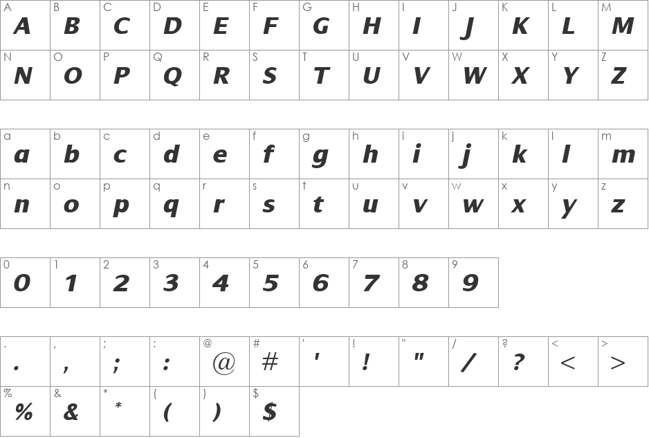 Dialog XBold font character map preview