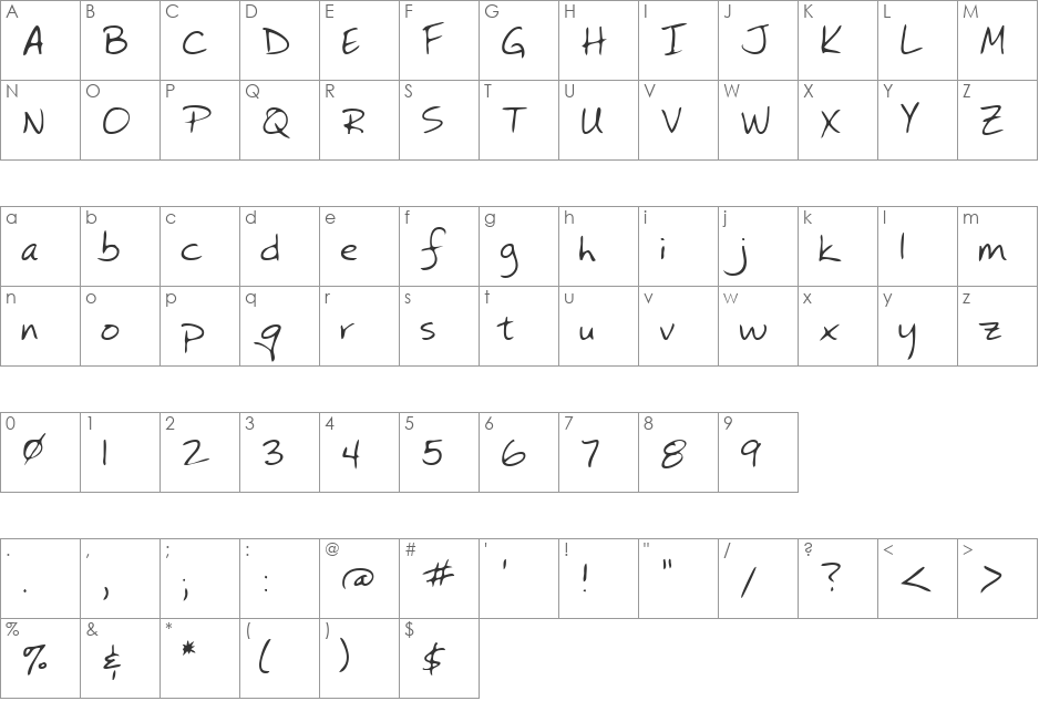 DianasHand font character map preview