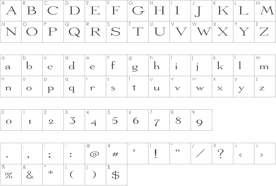 Dickens Ex font character map preview