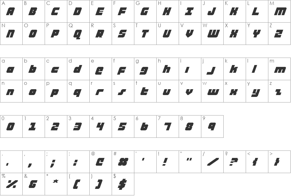Alpha Taurus Expanded Italic font character map preview