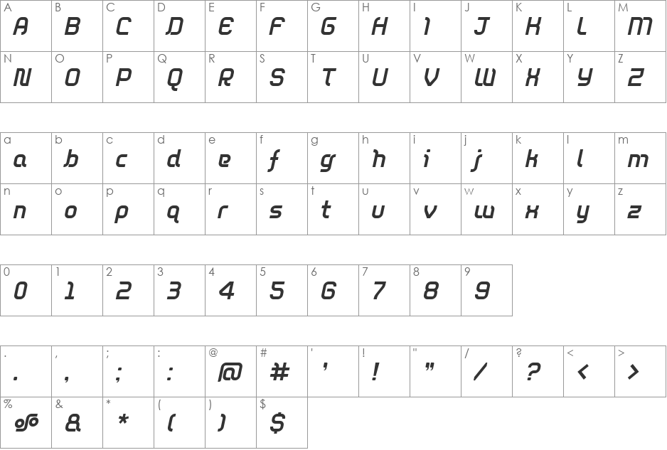DieppeRegular Oblique font character map preview
