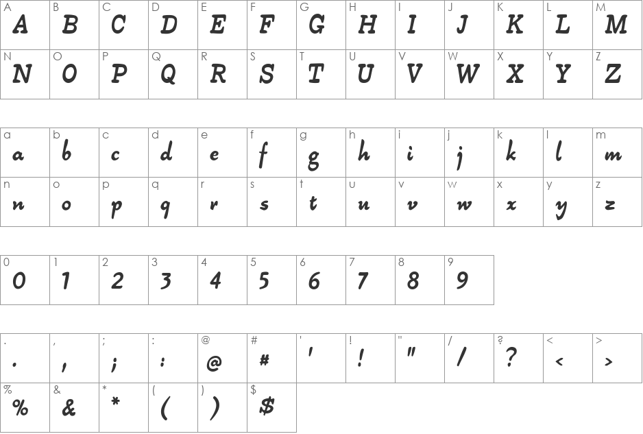 Alpha54 font character map preview